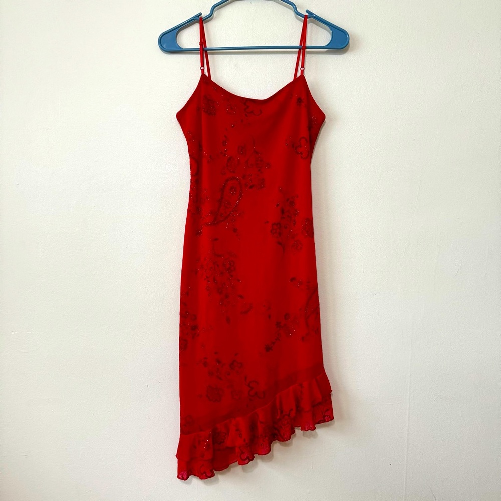 Red Strappy Dress with Asymmetrical Ruffle Hem